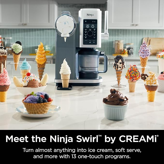 ماكينة Ninja Swirl من CREAMi لصناعة الآيس كريم والسوفت سيرف – 13 وظيفة في جهاز واحد مع برامج قليلة السعرات