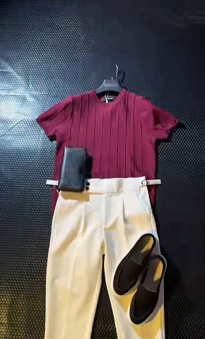 Perfect Combo: T Shirt, Pants & Sneakers& Watch "التركيبة المثالية: قميص، بنطال وأحذية رياضية!" Dark burgundy